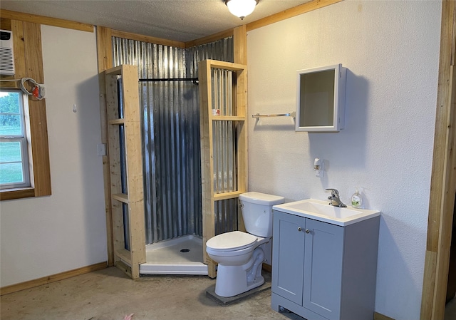 bathroom featuring concrete floors, vanity, a shower, and toilet