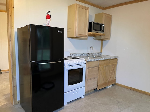 kitchen featuring light brown cabinetry, sink, white stove, ornamental molding, and black refrigerator