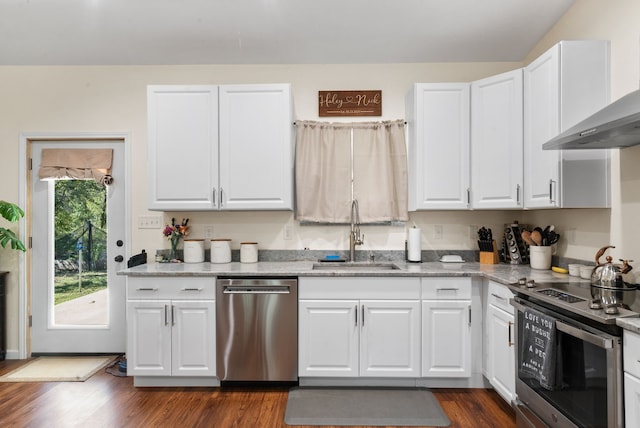 kitchen with appliances with stainless steel finishes, dark hardwood / wood-style floors, white cabinets, and sink