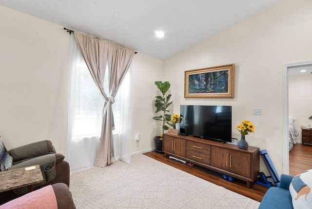 living room with lofted ceiling and hardwood / wood-style floors