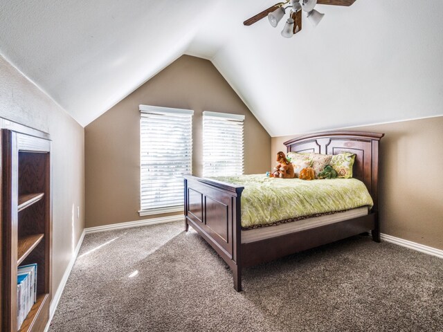 carpeted bedroom featuring ceiling fan and lofted ceiling