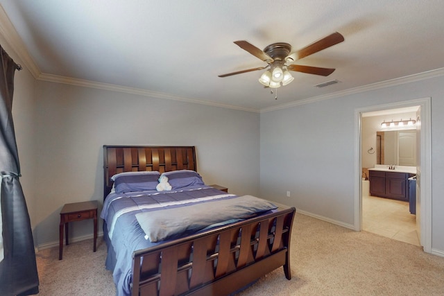 bedroom with light carpet, ensuite bathroom, ceiling fan, and ornamental molding