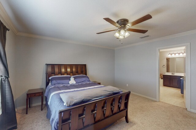 2924 Peyton Brook Dr, Fort Worth, TX 76137 - bedroom featuring visible vents, crown molding, light colored carpet, a sink, and baseboards