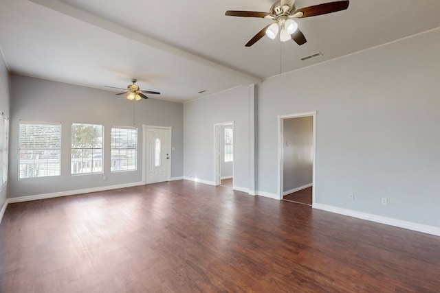 unfurnished room featuring ceiling fan and dark wood-type flooring