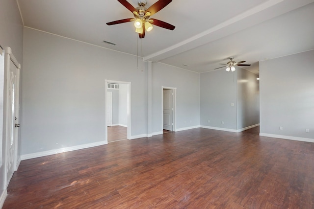 unfurnished room featuring ceiling fan and dark wood-type flooring