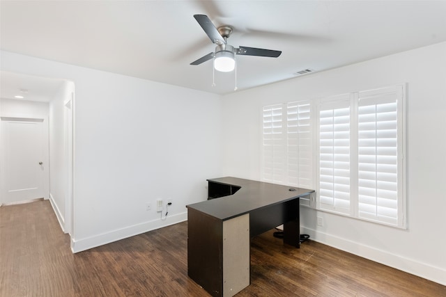 office area featuring ceiling fan and dark hardwood / wood-style flooring