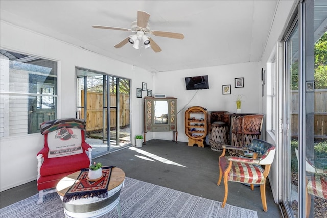 interior space with ceiling fan and concrete floors