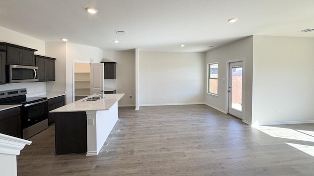 kitchen with sink, light wood-type flooring, an island with sink, and appliances with stainless steel finishes