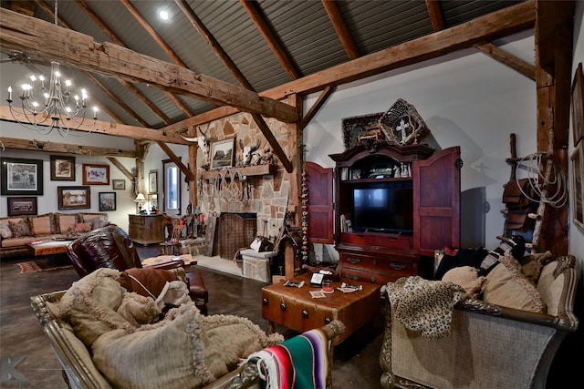 living room with high vaulted ceiling, beamed ceiling, a stone fireplace, wooden ceiling, and a chandelier