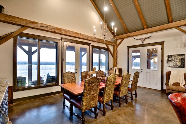 dining room featuring wood ceiling, beam ceiling, french doors, high vaulted ceiling, and a notable chandelier