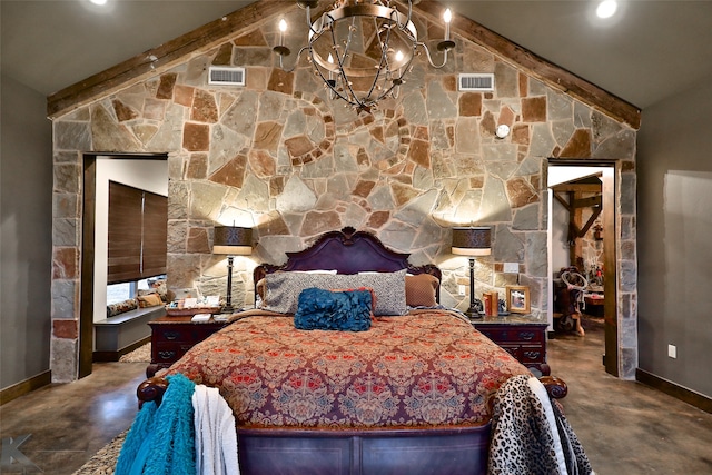 bedroom featuring vaulted ceiling with beams and a notable chandelier