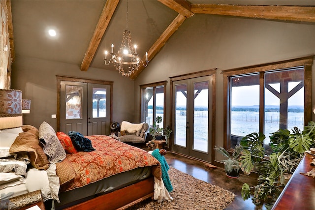 bedroom featuring a water view, beamed ceiling, access to exterior, french doors, and high vaulted ceiling