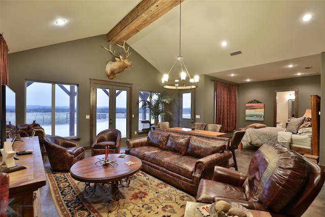 living room featuring a water view, an inviting chandelier, beam ceiling, french doors, and high vaulted ceiling