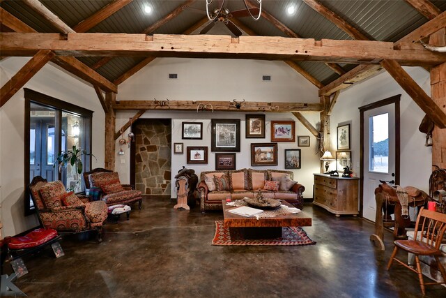 living room featuring beam ceiling, high vaulted ceiling, and wooden ceiling