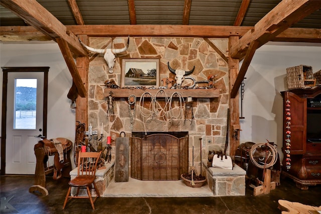 room details with concrete flooring, a fireplace, beam ceiling, and wood ceiling