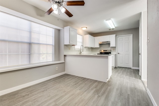 kitchen featuring kitchen peninsula, electric range, light wood-type flooring, and white cabinets