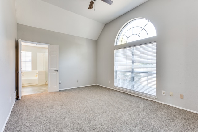 carpeted spare room featuring lofted ceiling, a healthy amount of sunlight, and ceiling fan