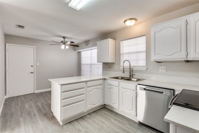 kitchen featuring white cabinets, sink, kitchen peninsula, light hardwood / wood-style flooring, and dishwasher