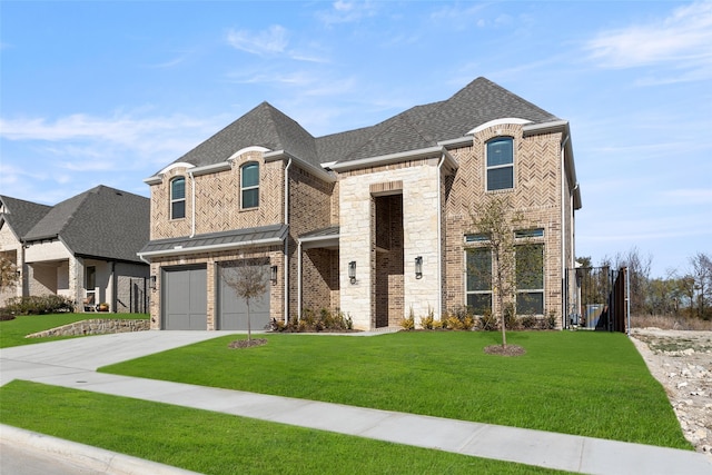 french country style house with a garage and a front lawn