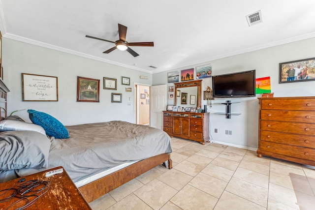 bedroom with light tile patterned flooring, crown molding, and ceiling fan