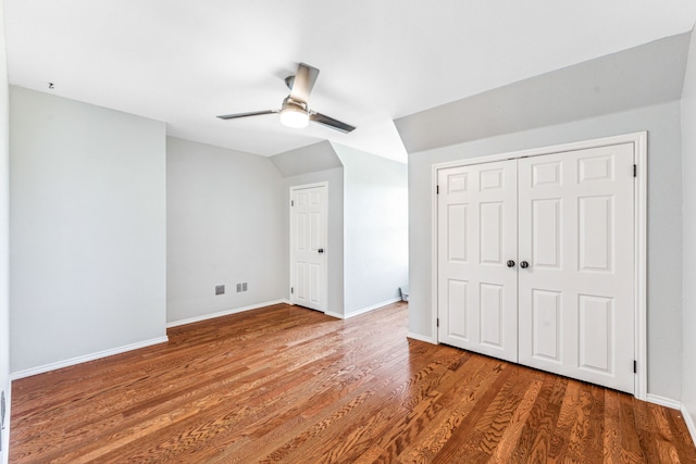 bonus room featuring wood-type flooring, lofted ceiling, and ceiling fan