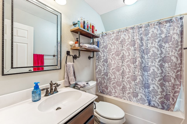 full bathroom with shower / bath combo, vanity, and toilet