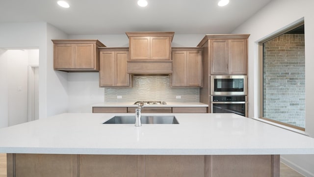 kitchen with stainless steel appliances, sink, and a kitchen island with sink