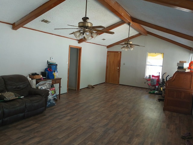 living room featuring a textured ceiling, ceiling fan, dark wood-type flooring, and vaulted ceiling with beams