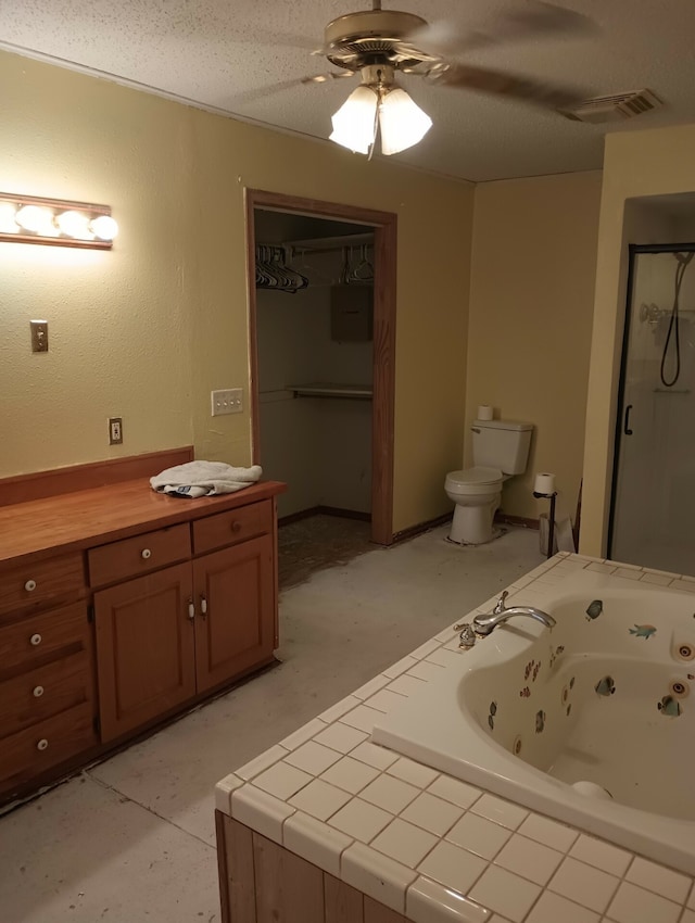 bathroom with ceiling fan, toilet, independent shower and bath, and a textured ceiling