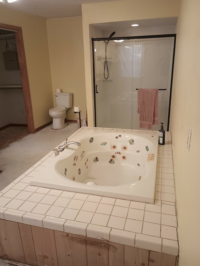 bathroom with shower with separate bathtub and toilet