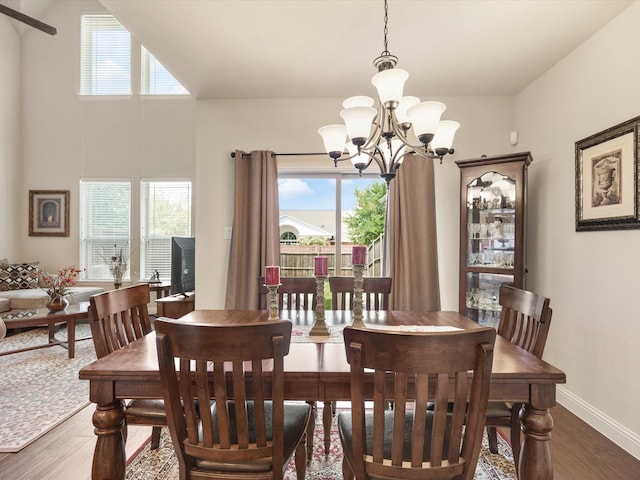 dining space with wood-type flooring and a chandelier