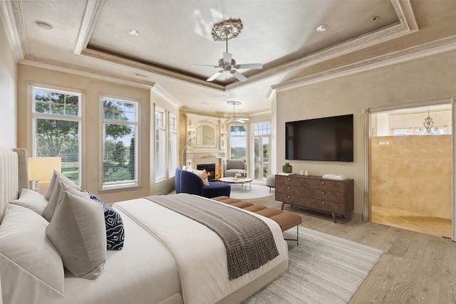 bedroom with ceiling fan, a raised ceiling, multiple windows, and light hardwood / wood-style flooring