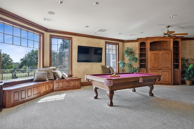 game room with light carpet, a healthy amount of sunlight, crown molding, and pool table