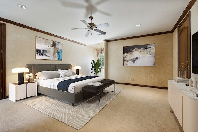 bedroom featuring ornamental molding, light carpet, and ceiling fan