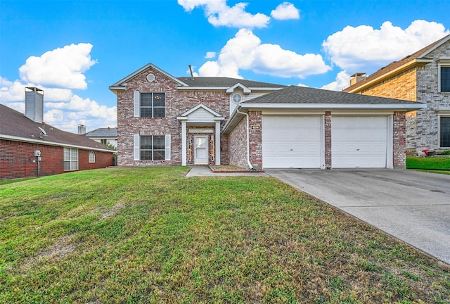 front facade with a front lawn and a garage