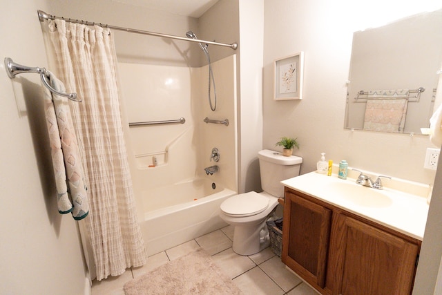 full bathroom with tile patterned floors, toilet, shower / tub combo with curtain, and vanity