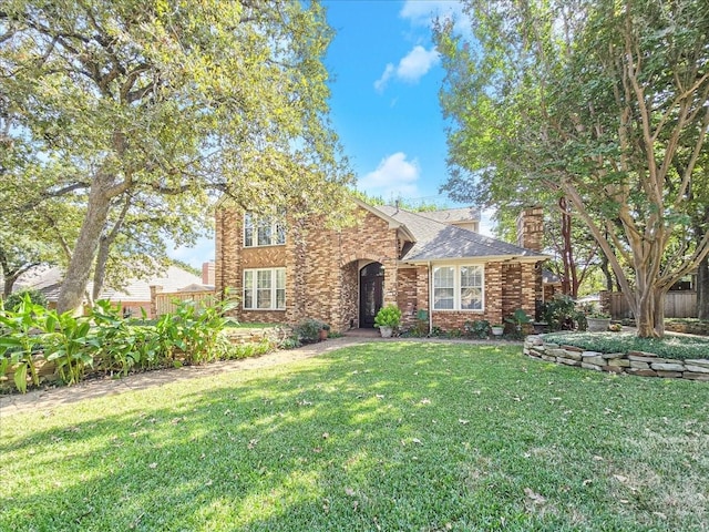 view of front of home featuring a chimney, roof with shingles, fence, a front yard, and brick siding