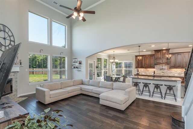 living room featuring sink, crown molding, dark wood-type flooring, and a high ceiling