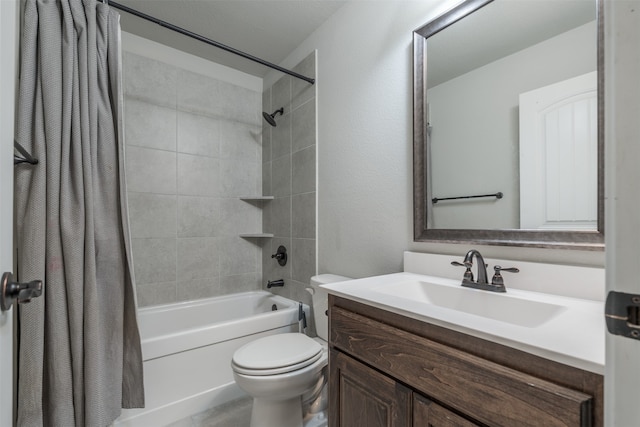 full bathroom with shower / tub combo, vanity, and toilet