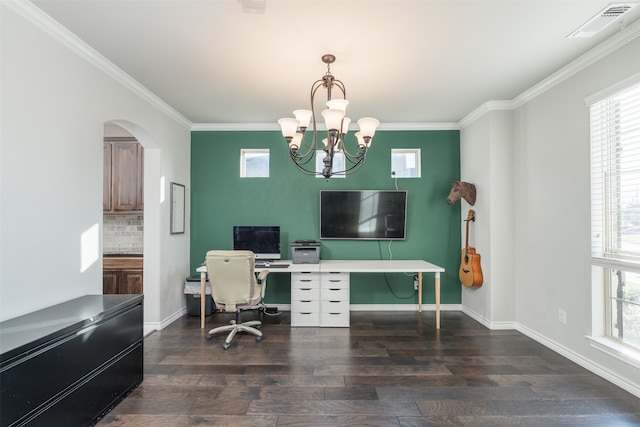 office space featuring a notable chandelier, plenty of natural light, dark wood-type flooring, and crown molding