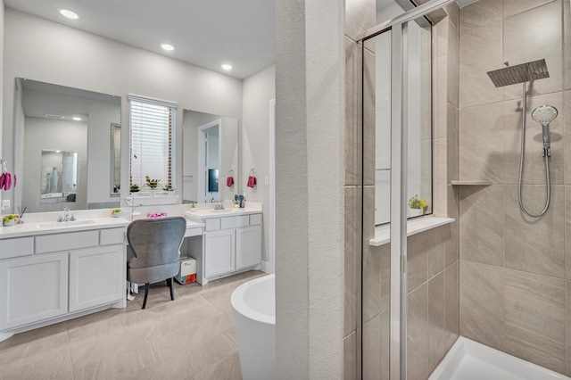 2104 Devonblue Dr, Forney, TX 75126 - full bathroom featuring a stall shower, vanity, a soaking tub, recessed lighting, and tile patterned floors