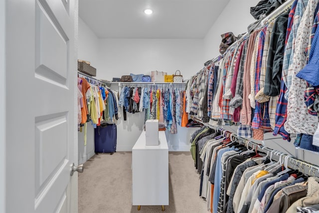 walk in closet with light carpet