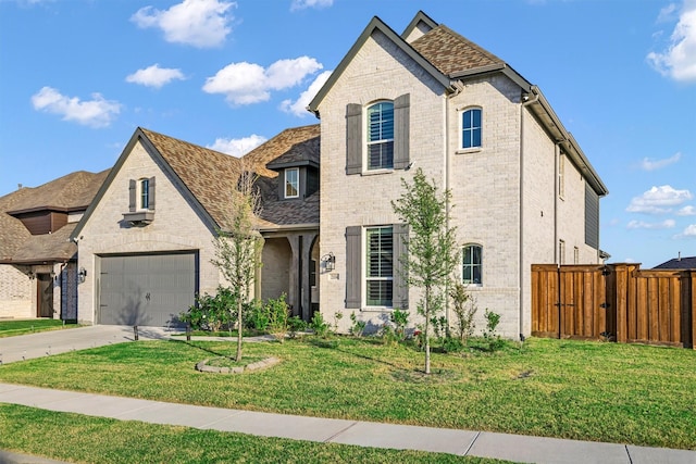 french country inspired facade with brick siding, a front lawn, and fence