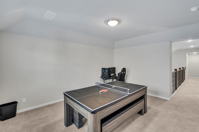 game room featuring light carpet, baseboards, and visible vents