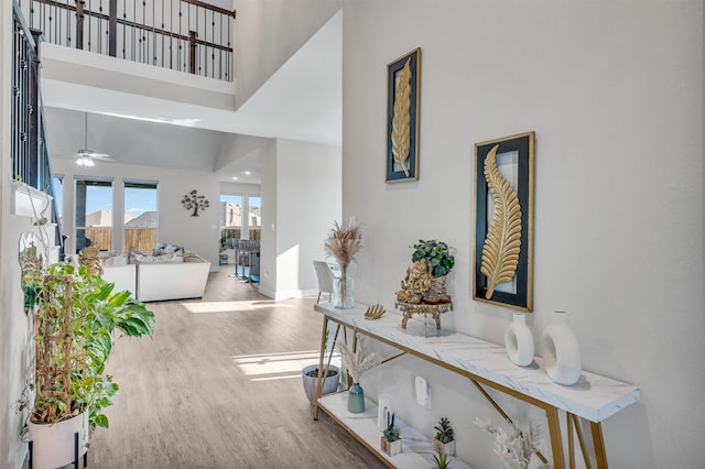 corridor featuring a high ceiling and wood finished floors