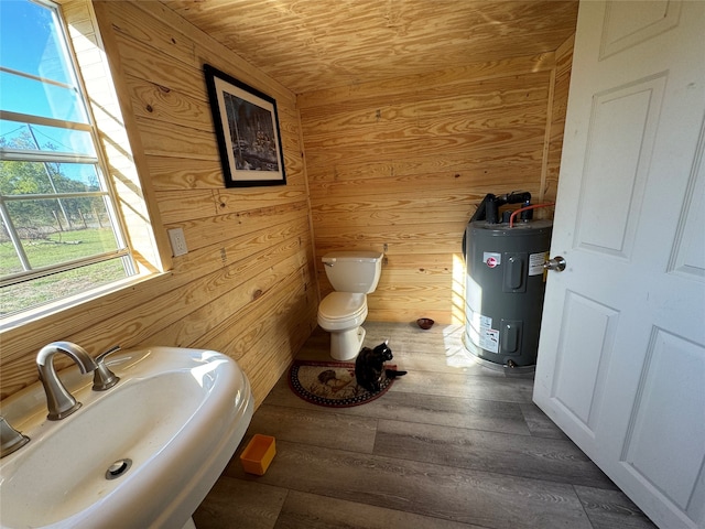 bathroom with wooden ceiling, wooden walls, sink, hardwood / wood-style flooring, and electric water heater