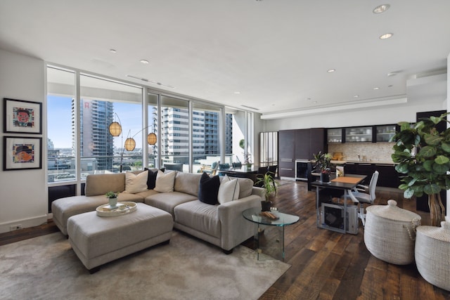 living room featuring dark wood-type flooring