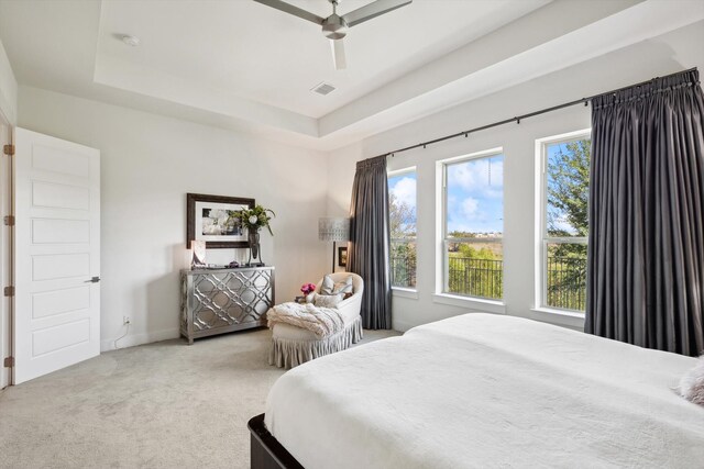 bedroom with carpet floors, a raised ceiling, and ceiling fan