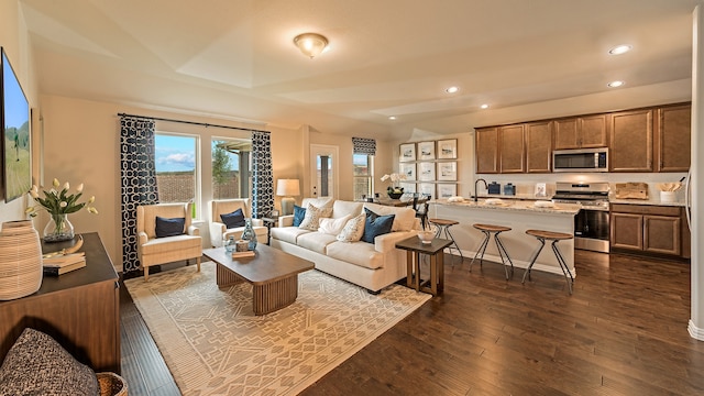 living room with dark hardwood / wood-style flooring