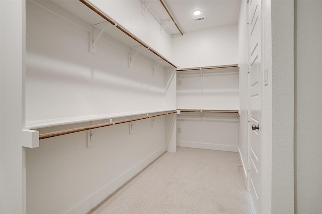 spacious closet featuring light colored carpet